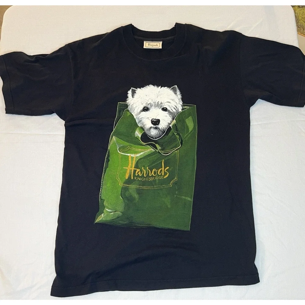 HARROD'S Black Shirt Knightsbridge Westie Terrier Dog Puppy Vintage 90s Size M - Picture 2 of 7